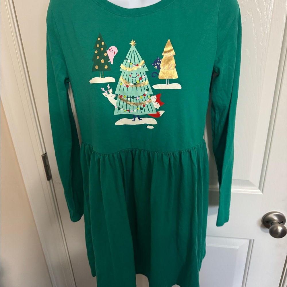 CAT AND JACK CHRISTMAS Green TREE FOX DRESS GIRLS Size 14/16 Long Sleeve NWOT